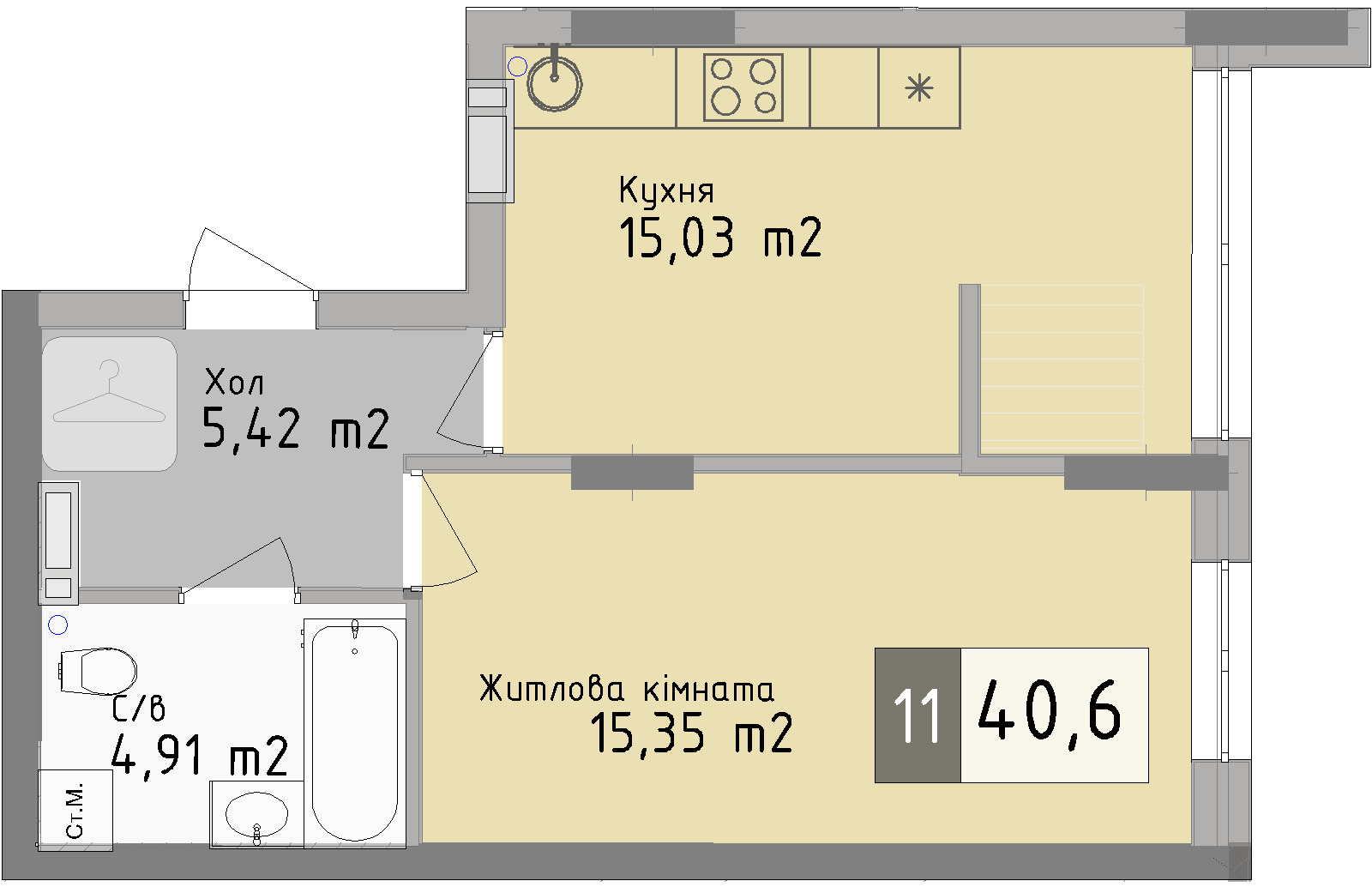 Однокімнатна квартира від забудовника Odesa City, 40.6 м², 1-кімнатна, купити квартиру Одеса Сіті
