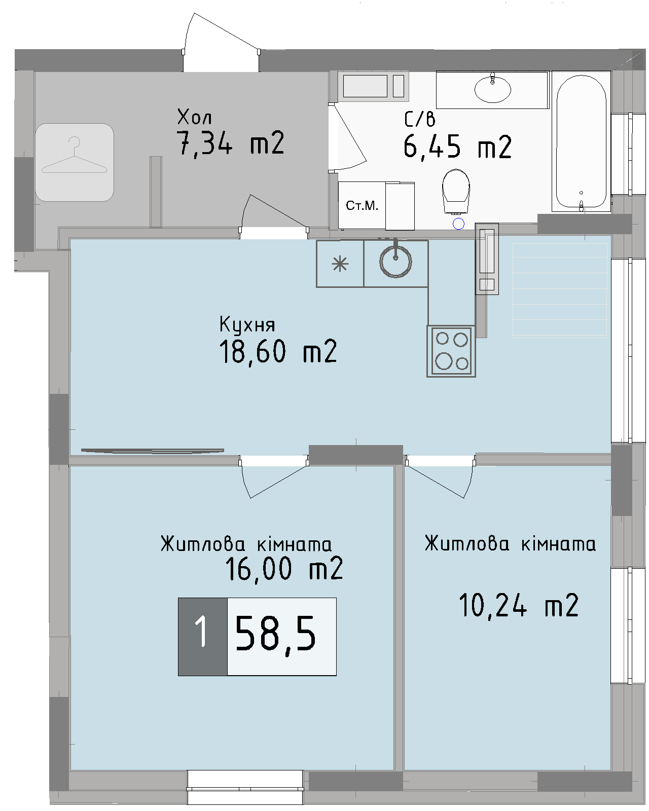 Двокімнатна квартира від забудовника Odesa City, 58.5 м², 2-кімнатна, купити квартиру Одеса Сіті
