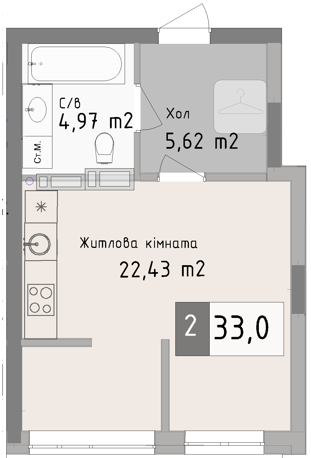 Квартира-студія від забудовника Odesa City, 33 м², 1-кімнатна, купити квартиру Одеса Сіті