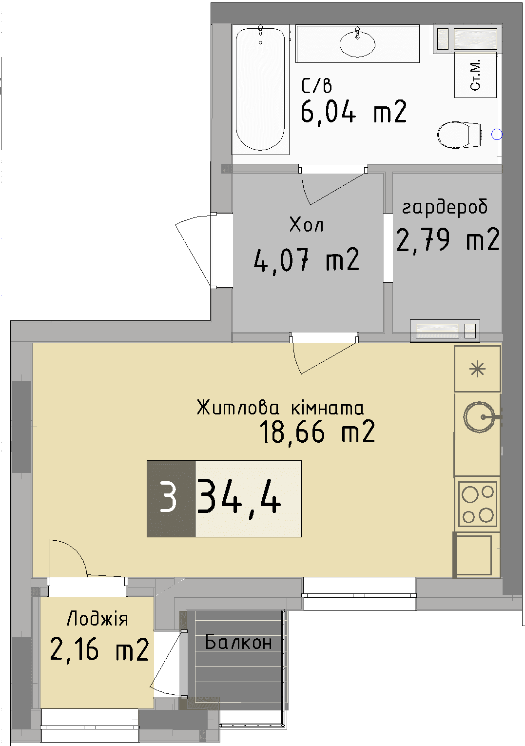 Квартира-студія від забудовника Odesa City, 34.4 м², 1-кімнатна, купити квартиру Одеса Сіті
