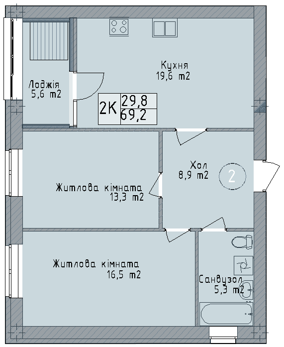 Двокімнатна квартира від забудовника Odesa City, 69.2 м², 2-кімнатна, купити квартиру Одеса Сіті