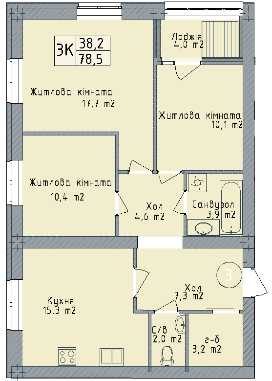 Трьохкімнатна квартира від забудовника Odesa City, 78.5 м², 2-кімнатна, купити квартиру Одеса Сіті