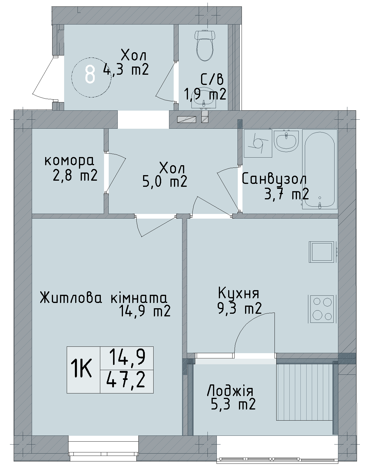 Однокімнатна квартира від забудовника Odesa City, 47.2 м², 1-кімнатна, купити квартиру Одеса Сіті