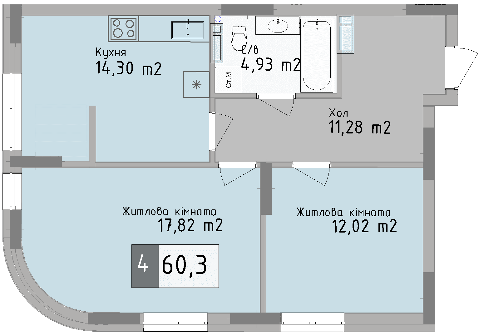 Двокімнатна квартира від забудовника Odesa City, 60.3 м², 2-кімнатна, купити квартиру Одеса Сіті