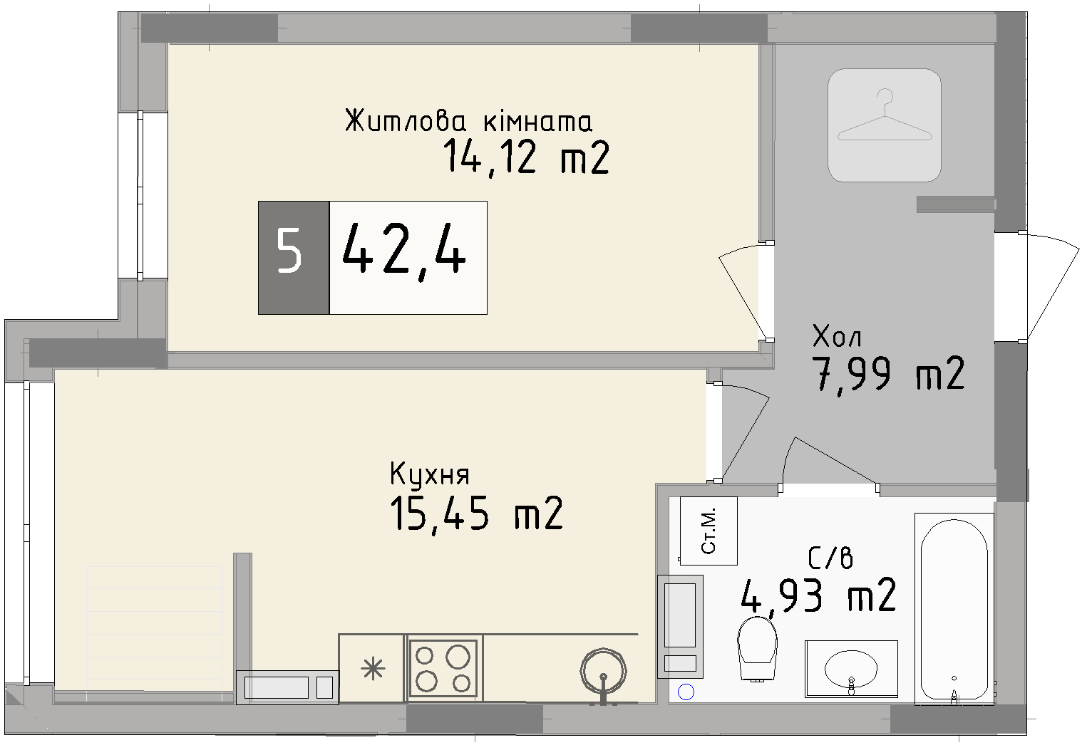 Однокімнатна квартира від забудовника Odesa City, 42.4 м², 1-кімнатна, купити квартиру Одеса Сіті
