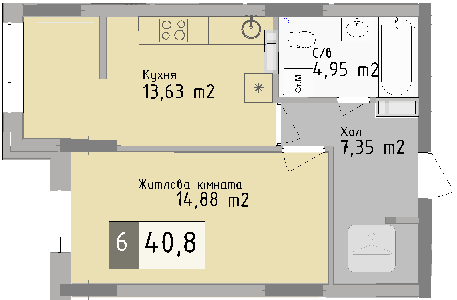 Однокімнатна квартира від забудовника Odesa City, 40.8 м², 1-кімнатна, купити квартиру Одеса Сіті
