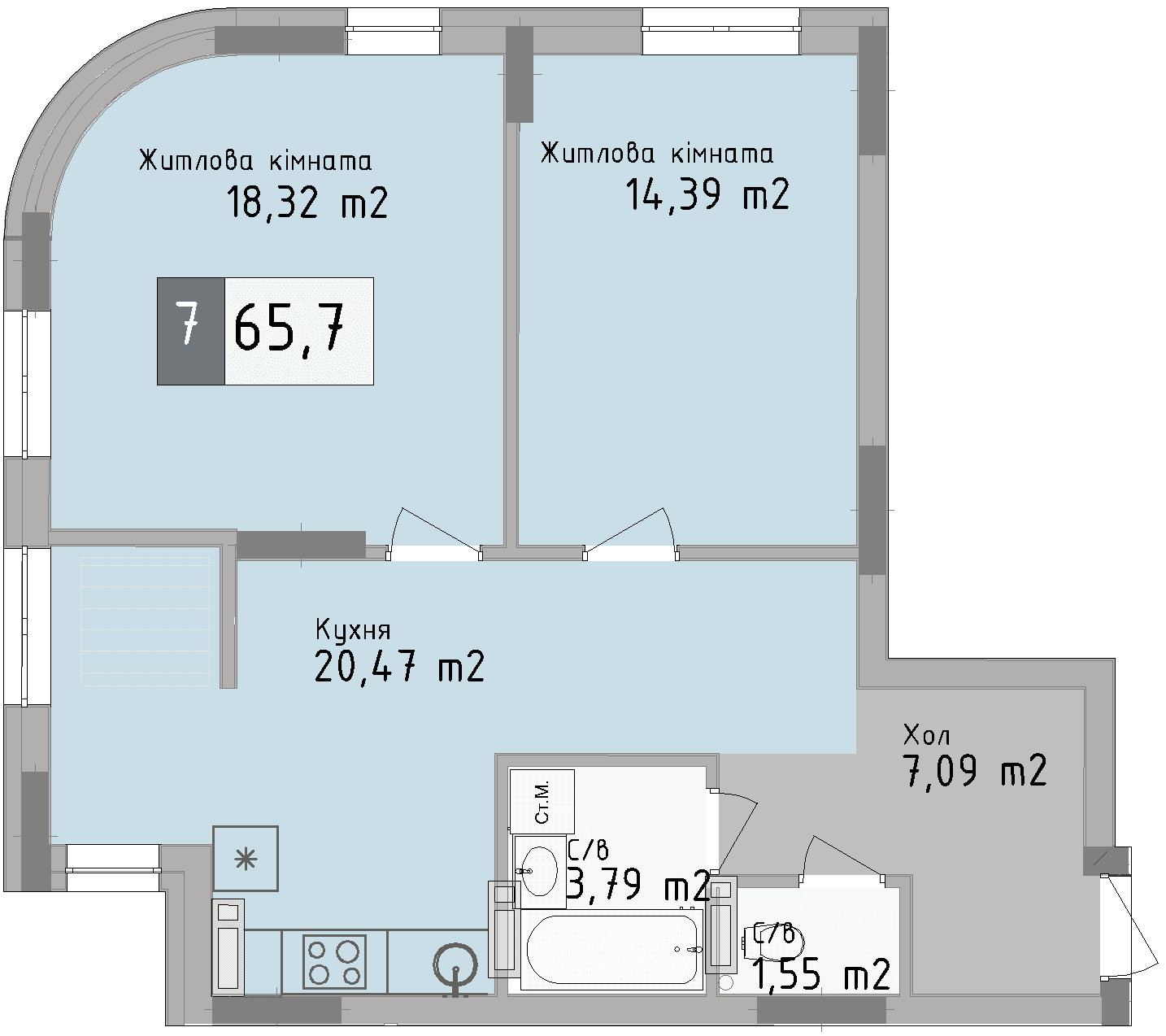 Двокімнатна квартира від забудовника Odesa City, 65.7 м², 2-кімнатна, купити квартиру Одеса Сіті