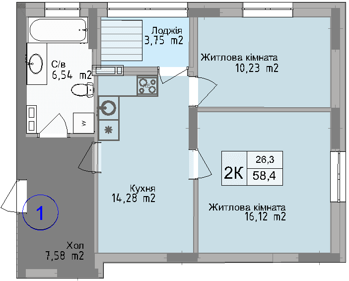 Двокімнатна квартира від забудовника Odesa City, 58.4 м², 2-кімнатна, купити квартиру Одеса Сіті