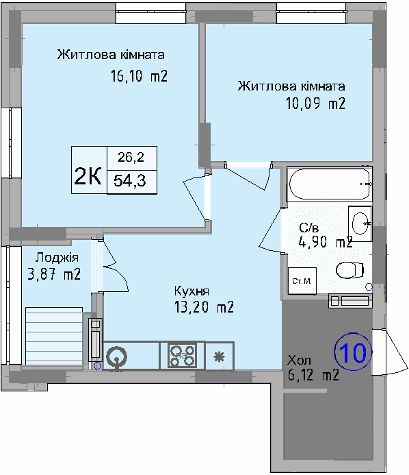 Двокімнатна квартира від забудовника Odesa City, 54.3 м², 2-кімнатна, купити квартиру Одеса Сіті