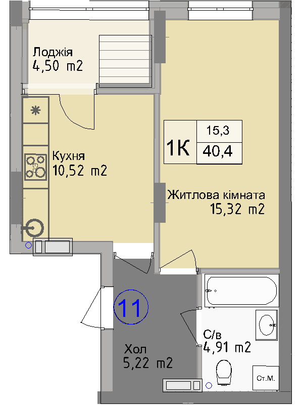 Однокімнатна квартира від забудовника Odesa City, 40.4 м², 1-кімнатна, купити квартиру Одеса Сіті