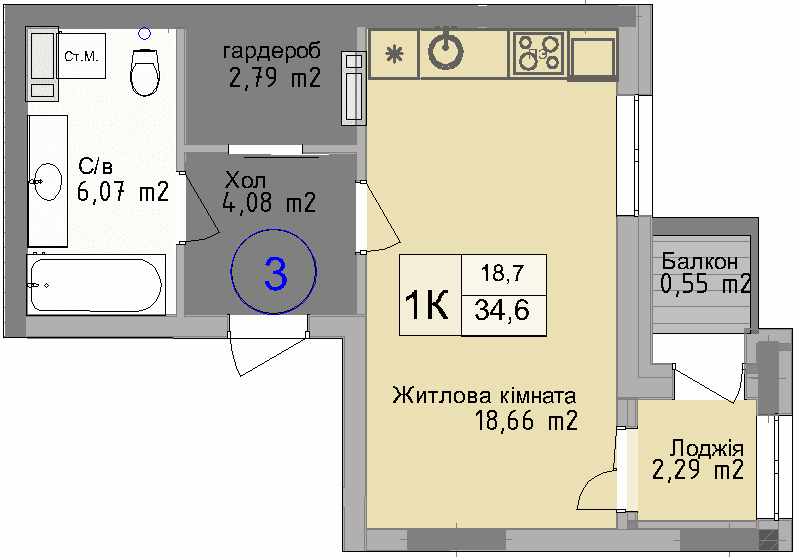 Квартира-студія від забудовника Odesa City, 34.6 м², 1-кімнатна, купити квартиру Одеса Сіті