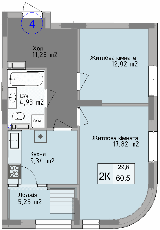 Двокімнатна квартира від забудовника Odesa City, 60.5 м², 2-кімнатна, купити квартиру Одеса Сіті
