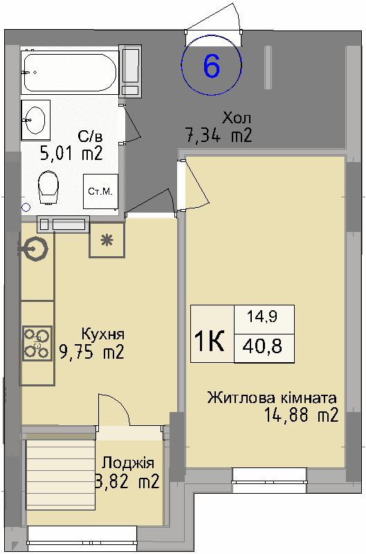 Однокімнатна квартира від забудовника Odesa City, 40.8 м², 1-кімнатна, купити квартиру Одеса Сіті