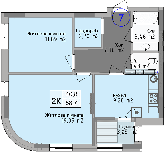 Двокімнатна квартира від забудовника Odesa City, 58.7 м², 2-кімнатна, купити квартиру Одеса Сіті
