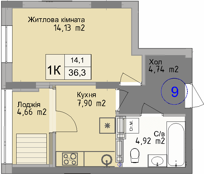 Однокімнатна квартира від забудовника Odesa City, 36.3 м², 1-кімнатна, купити квартиру Одеса Сіті